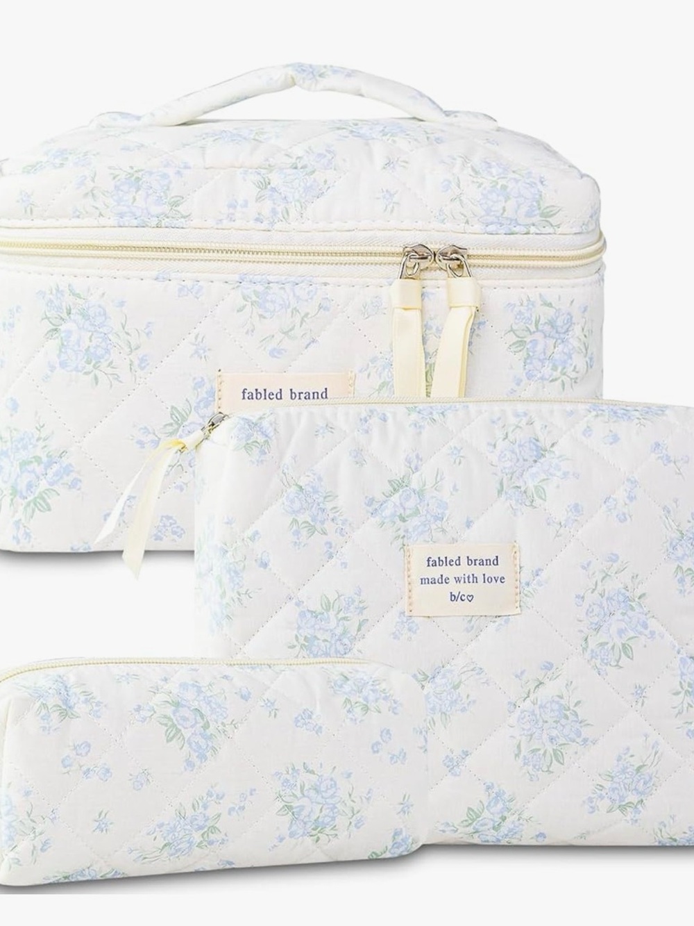 Fabled Brand Floral Quilted Cosmetic Bag Set - Light Blue & Cream